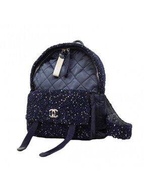 Chanel Backpack Quilted Nylon Tweed Navy Silver